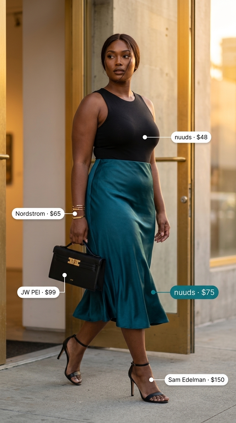 Sophisticated art gallery opening outfit featuring a deep teal abstract print pleated maxi skirt, black bodysuit, black pumps, and gold accessories, defining long summer skirt outfits 2026.