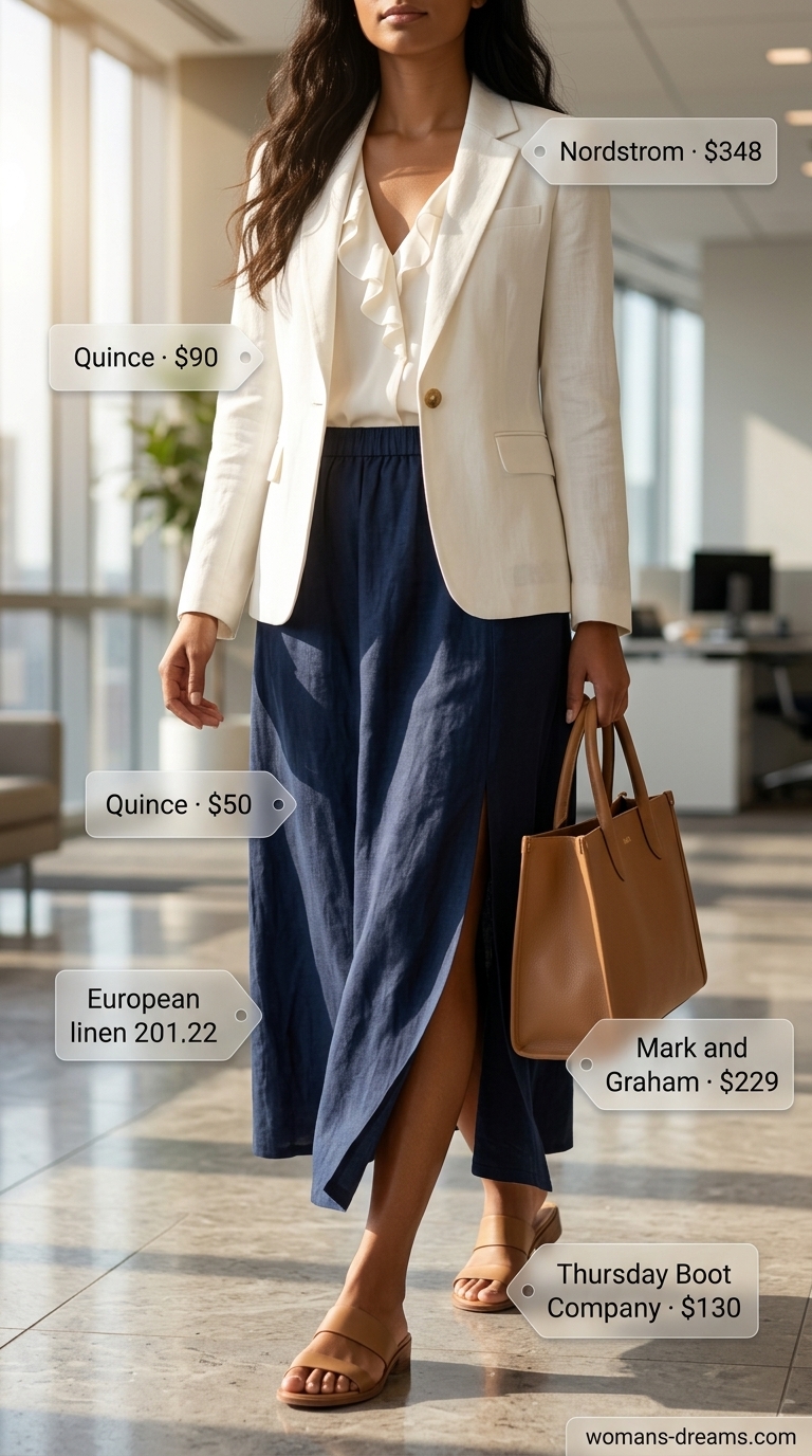 Professional long summer skirt outfit for the office. Navy linen-blend maxi skirt, off-white silk blouse, and tan mules.