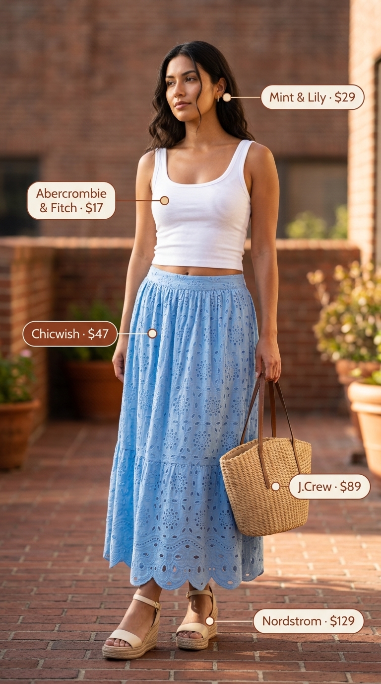 Fresh long summer skirt outfit for a weekend brunch. White eyelet maxi skirt, sky blue tank top, and espadrille wedges.