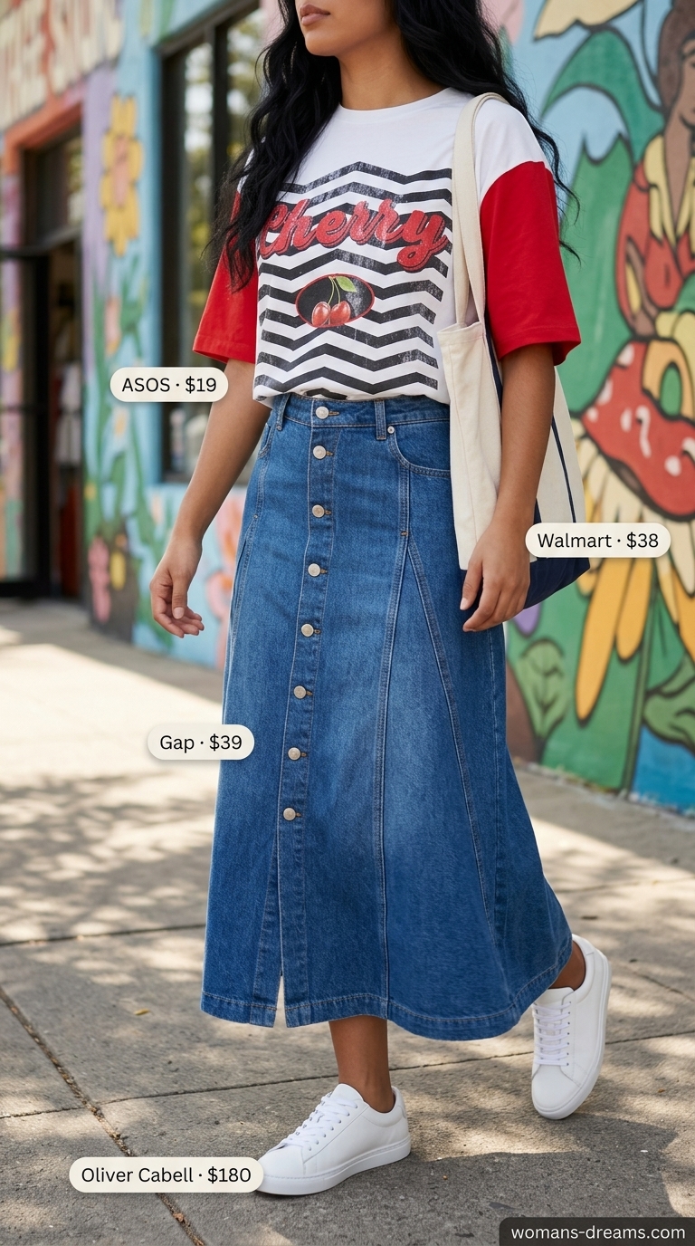 Cool and comfortable casual day out outfit with a medium wash denim maxi skirt, vintage graphic tee, white sneakers, and canvas tote, part of long summer skirt outfits 2026.