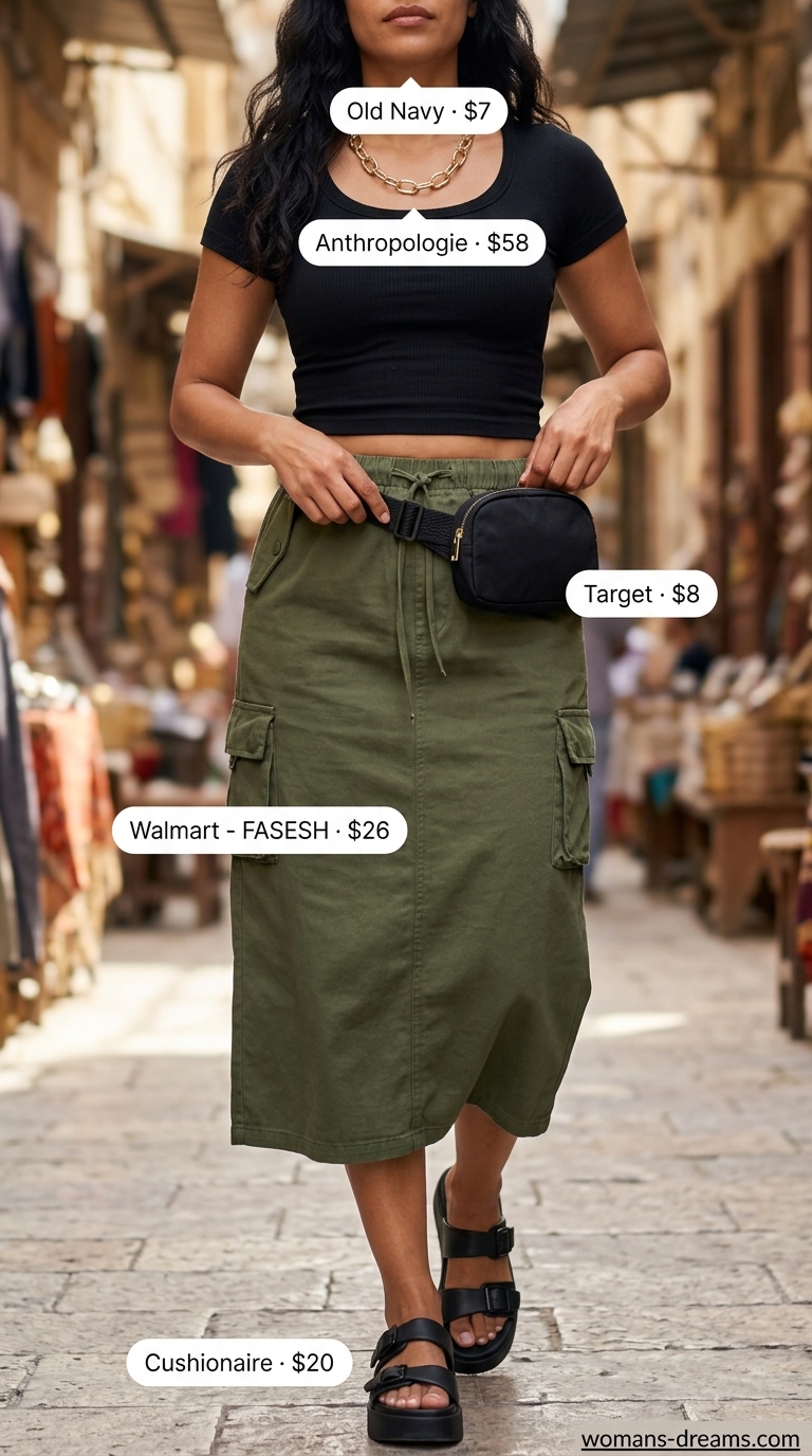 Edgy long summer skirt outfit for city exploration. Army green cargo maxi skirt, black crop top, platform sandals, and belt bag.