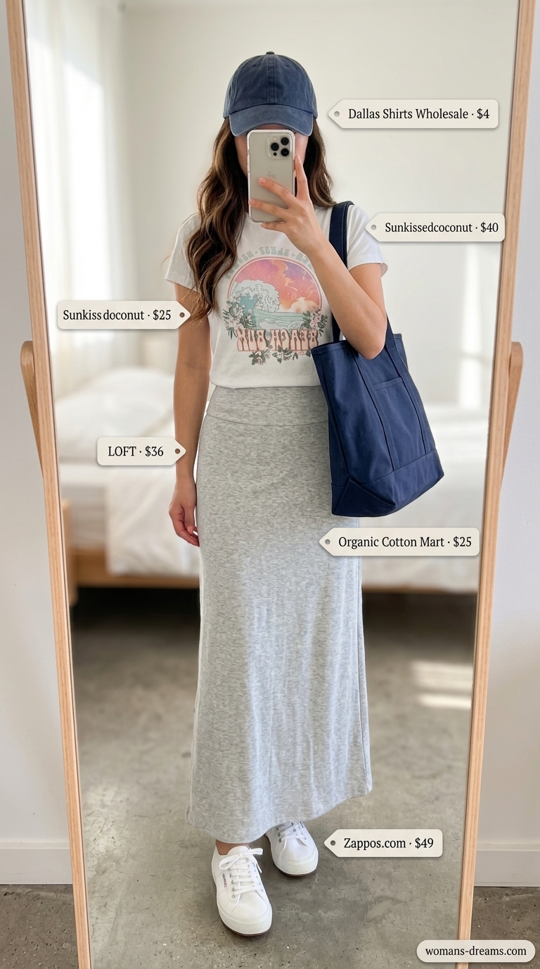 Relaxed casual coastal outfit with a light gray jersey maxi skirt, white graphic tee, canvas sneakers, and a navy tote, ideal for long summer skirt outfits 2026.