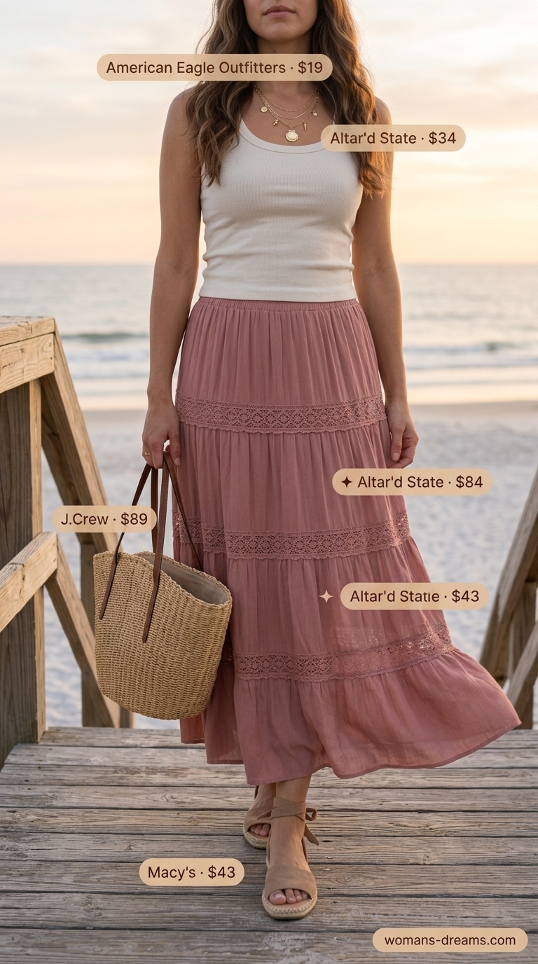 Bohemian beach long summer skirt outfit for 2026 featuring a dusty rose tiered maxi skirt with a subtle floral print, cream ribbed tank, and natural espadrille sandals, ideal for a beach vacation or summer festival.