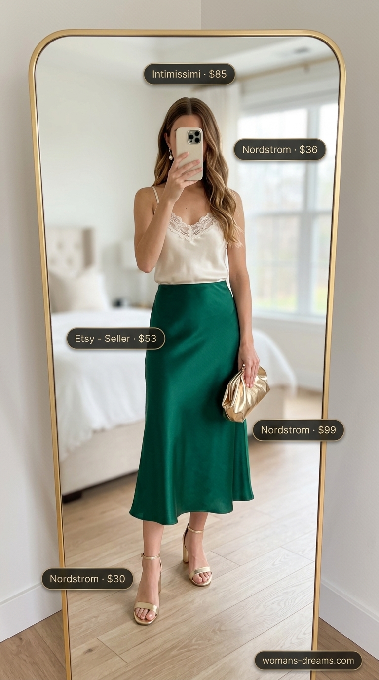 Romantic long summer skirt outfit for an evening garden party. Emerald green satin maxi skirt, cream camisole, and gold heels.