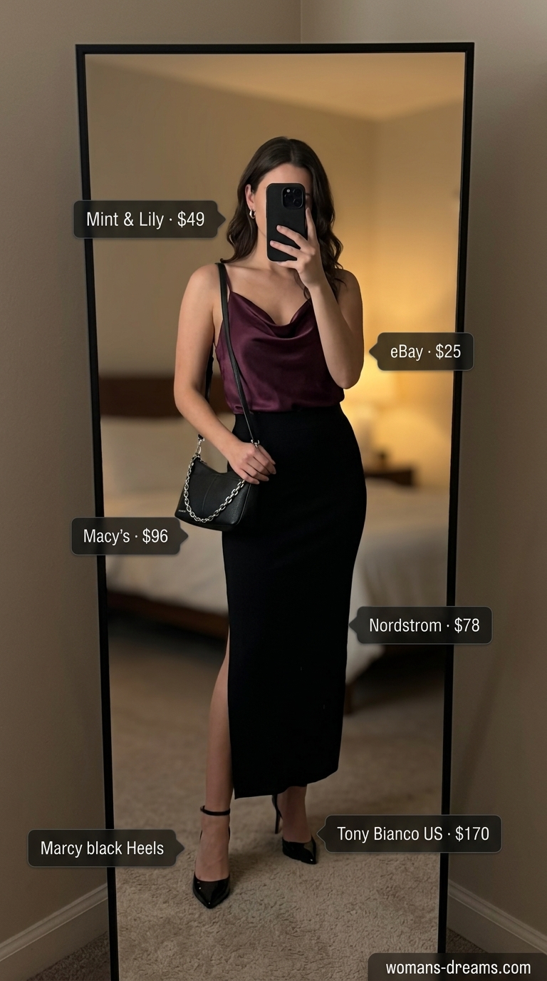 Sultry long summer skirt outfit for date night. Black slim-fit maxi skirt with slit, deep plum camisole, and black heels.
