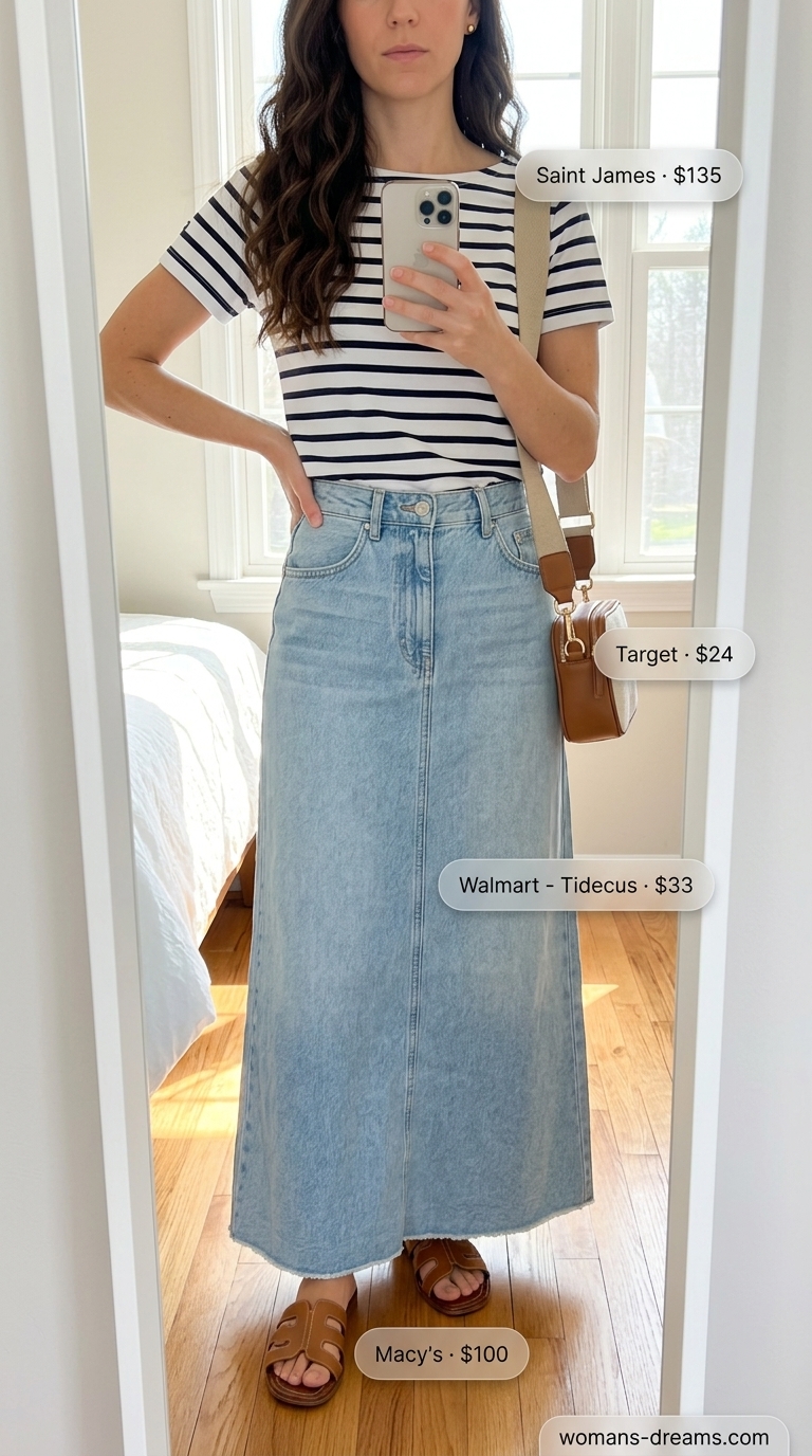 Effortless casual weekend outfit featuring a light wash denim maxi skirt, striped t-shirt, leather slide sandals, and canvas crossbody bag for long summer skirt outfits 2026.