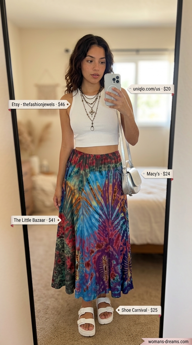 Vibrant long summer skirt outfit for a festival. Tie-dye maxi skirt, white ribbed crop top, platform sandals, and silver bag.