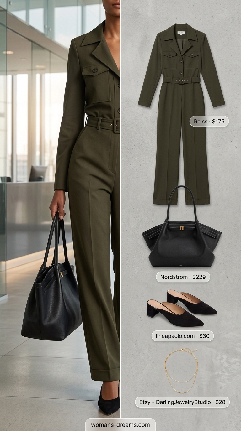 Practical yet stylish olive green utility jumpsuit, a smart summer work outfit for women 2026, with black mules and a gold necklace.