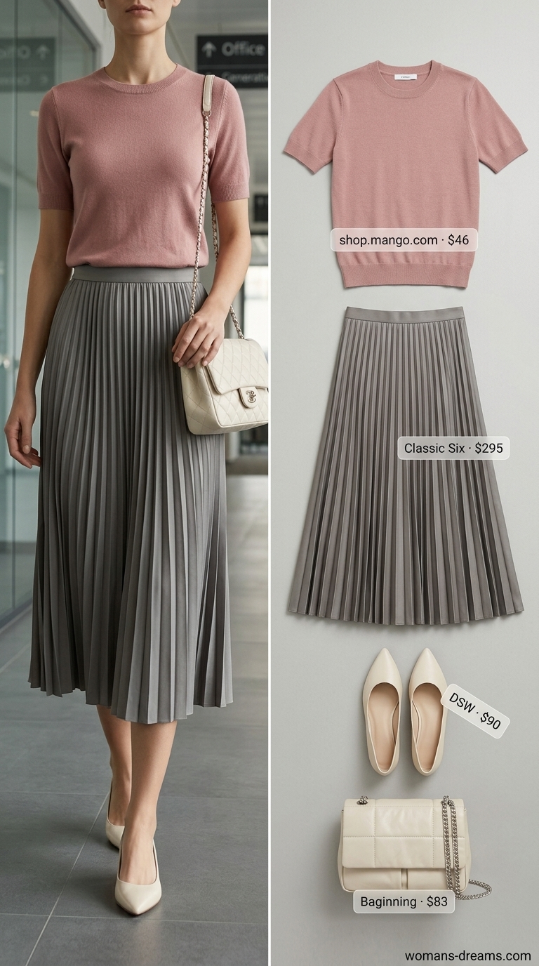 Graceful smart summer work outfit for women 2026 featuring a dusty rose pleated midi skirt, cream fitted knit top, pewter ballet flats, and a grey quilted shoulder bag. Perfect for work or networking.