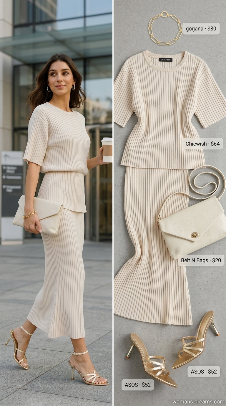 Chic cream monochromatic knit set, a smart summer work outfit for women 2026. Features a ribbed short-sleeve top and pencil midi skirt with gold mules and clutch.