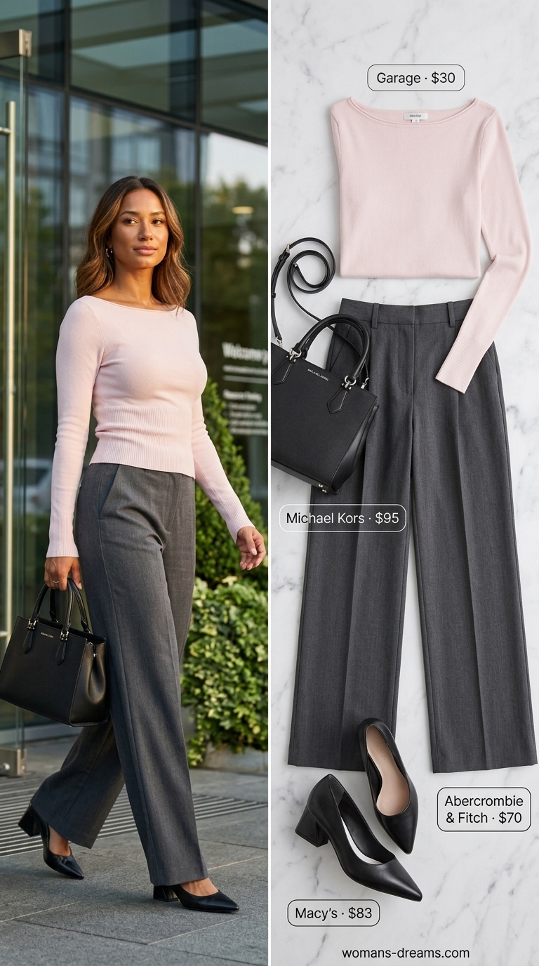 Refined wide-leg trousers outfit in charcoal and blush pink, a smart summer work outfit for women 2026, with a fitted boat-neck top and black pumps.
