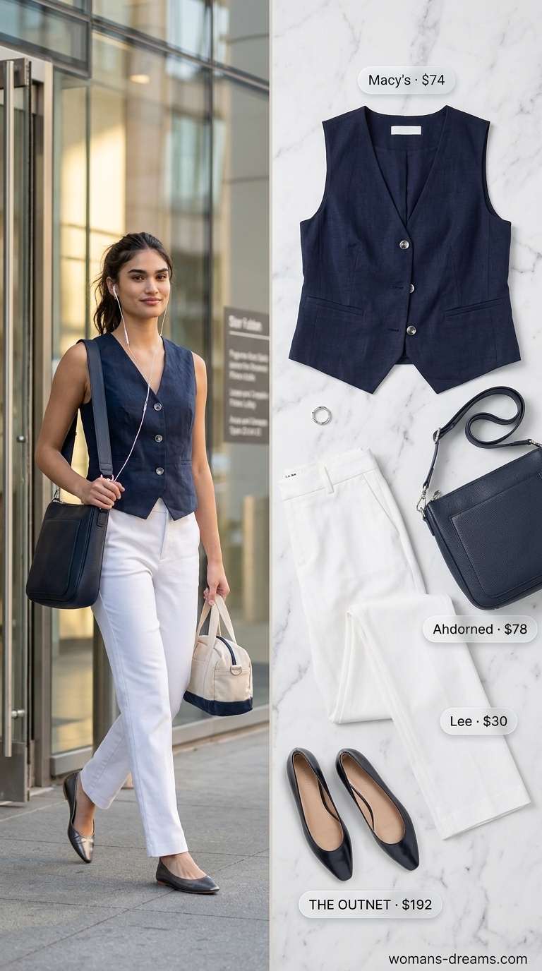 Smart summer work outfit for women 2026: a navy linen blend tailored vest worn as a top, white straight-leg trousers, and metallic flats.