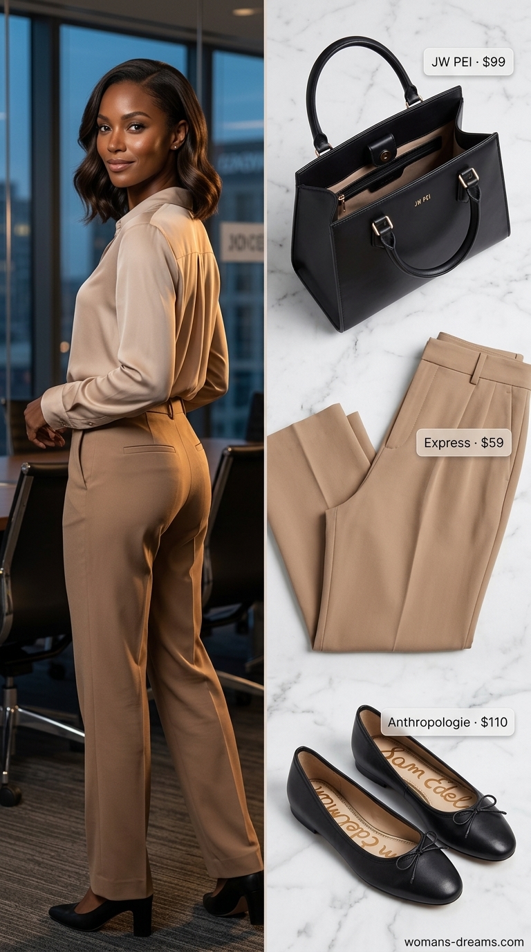 Timeless striped button-down shirt with black tailored straight-leg trousers, a smart summer work outfit for women 2026, and tan ballet flats.