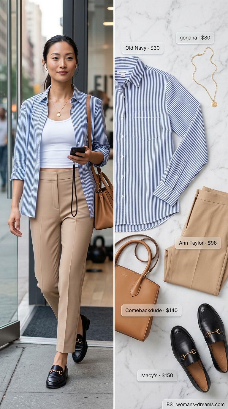 Smart summer work outfit for women 2026 featuring a classic striped button-down shirt, beige cigarette pants, and loafers for client meetings.