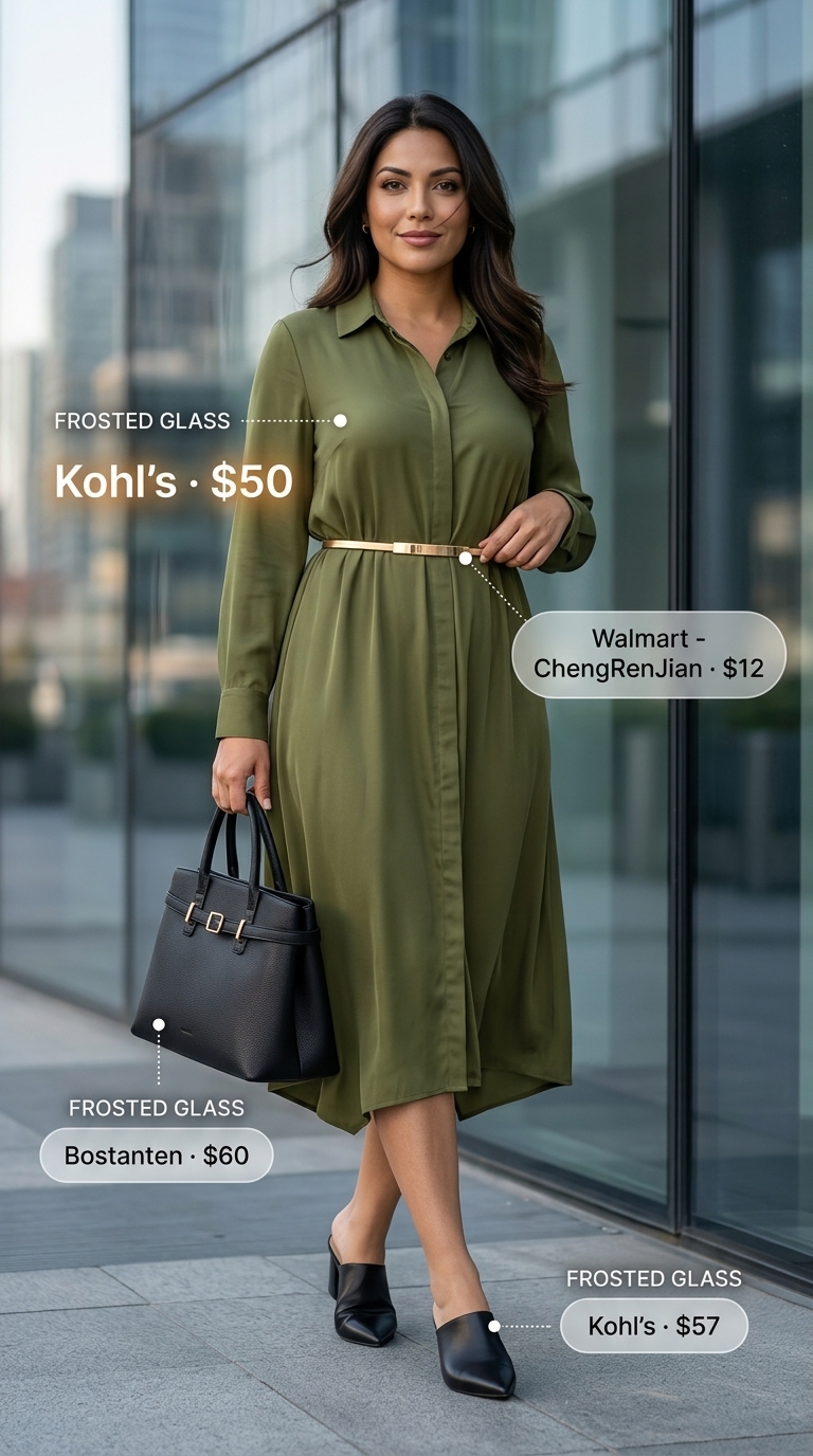 Versatile smart summer work outfit for women 2026 with an olive green tencel midi shirt dress, black heeled mules, a black satchel bag, and an optional gold belt. Comfortable and professional for office or lunch.