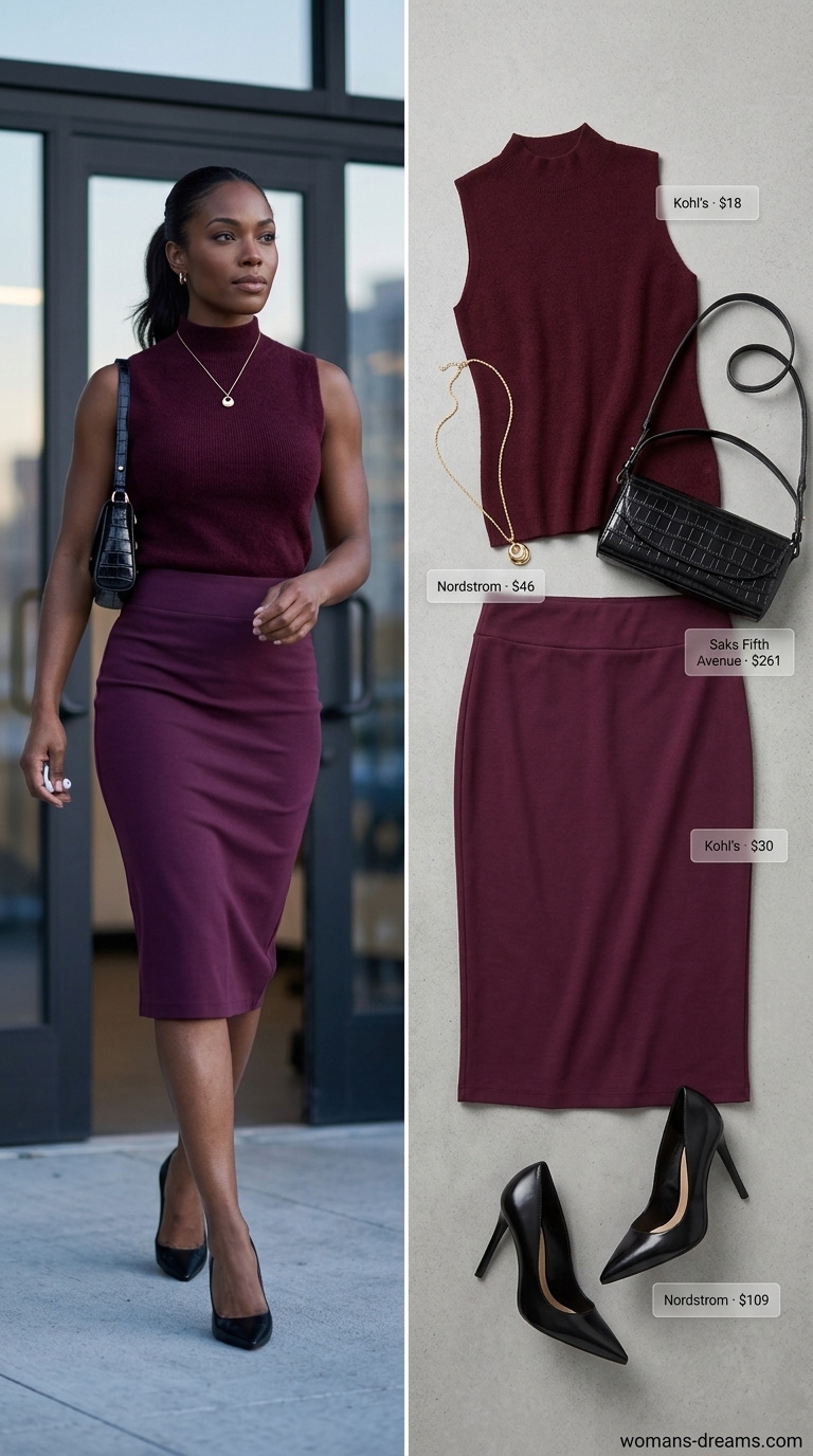 Smart summer work outfit for women 2026 featuring a stylish burgundy pencil skirt, black mock-neck top, and gold accessories for a client meeting.