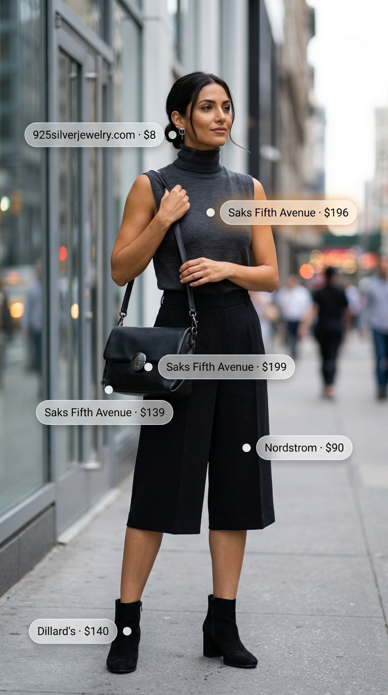 Sophisticated corporate office outfit in charcoal gray and black, a smart summer work outfit for women 2026, with a knit turtleneck and wide-leg culottes.