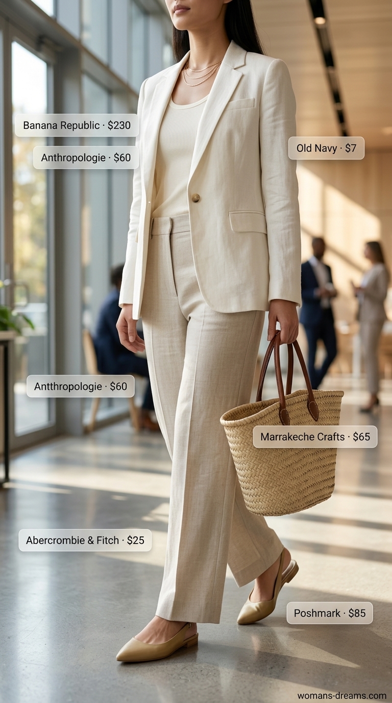 Smart summer work outfit for women 2026: beige linen blazer and wide-leg trousers, white tank, straw tote, and flat sandals for summer business.
