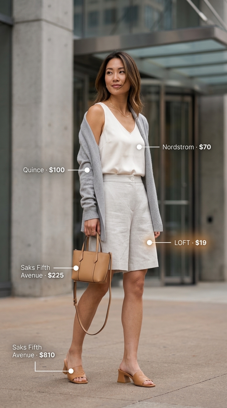 Polished smart summer work outfit for women 2026 featuring tailored tan linen Bermuda shorts, an ivory silk shell top, a light grey cashmere cardigan, tan leather mules, and an ivory mini tote. Great for summer business casual.
