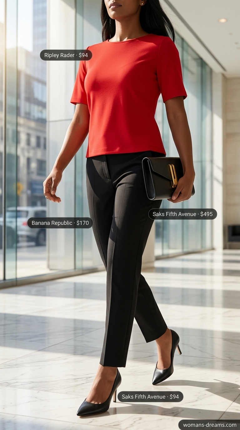 Bold red structured short-sleeve top with black slim trousers, a smart summer work outfit for women 2026, perfect for presentations.
