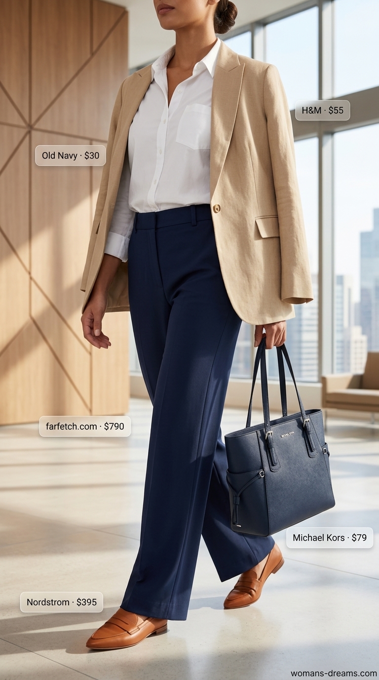 Polished smart summer work outfit for women 2026 with a crisp white button-down, navy wide-leg trousers, a tan linen blazer, black loafers, and a structured black tote. Perfect for client meetings.