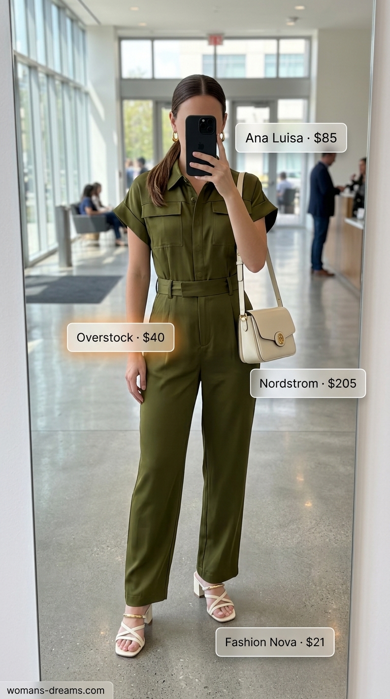 Streamlined smart summer work outfit for women 2026 featuring an olive green tailored utility jumpsuit, cream block heel mules, a matching shoulder bag, and gold chunky hoop earrings. Great for office to after-work.