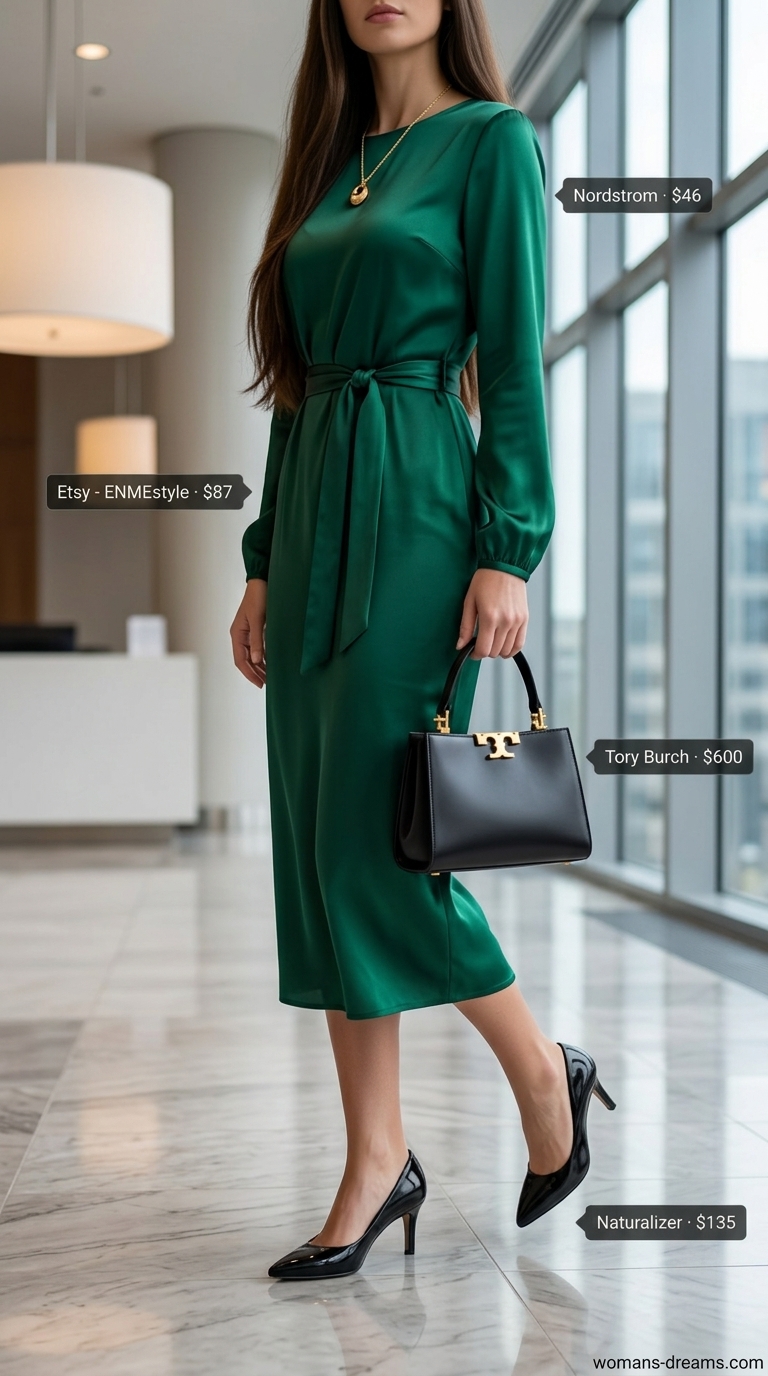 Smart summer work outfit for women 2026: an elegant emerald green silk midi shirt dress, black pumps, and satchel for formal office.
