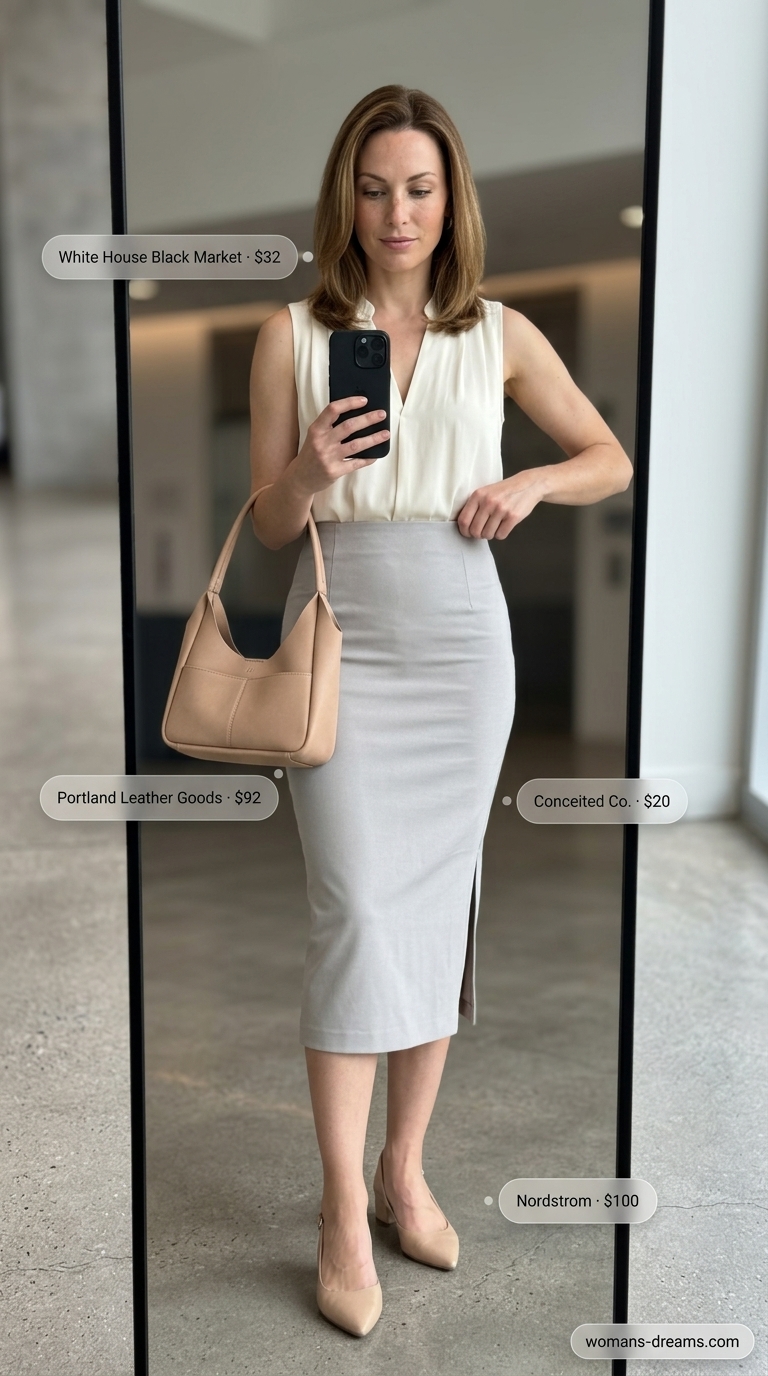 Elegant smart summer work outfit for women 2026 featuring a light grey pencil skirt, cream shell top, lightweight grey cardigan, nude slingback heels, and a structured grey bag. Ideal for formal offices or interviews.
