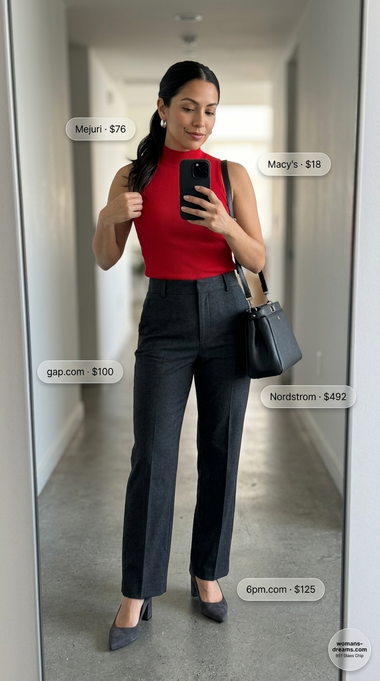 Vibrant smart summer work outfit for women 2026 featuring a red sleeveless high-neck knit top, charcoal tailored trousers, black block heels, and a structured black bag, perfect for a creative office or networking.