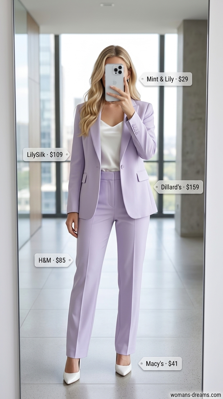 Smart summer work outfit for women 2026: a powerful lavender crepe suit with camisole, nudes pumps, and silver studs for a formal meeting.