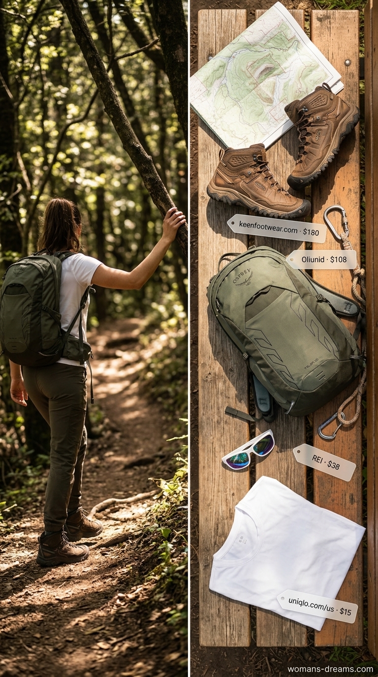 An adventurous sporty hiking outfit for women summer 2026, featuring olive green cargo shorts, a white performance t-shirt, and black waterproof hiking boots, ready for mountain trails.