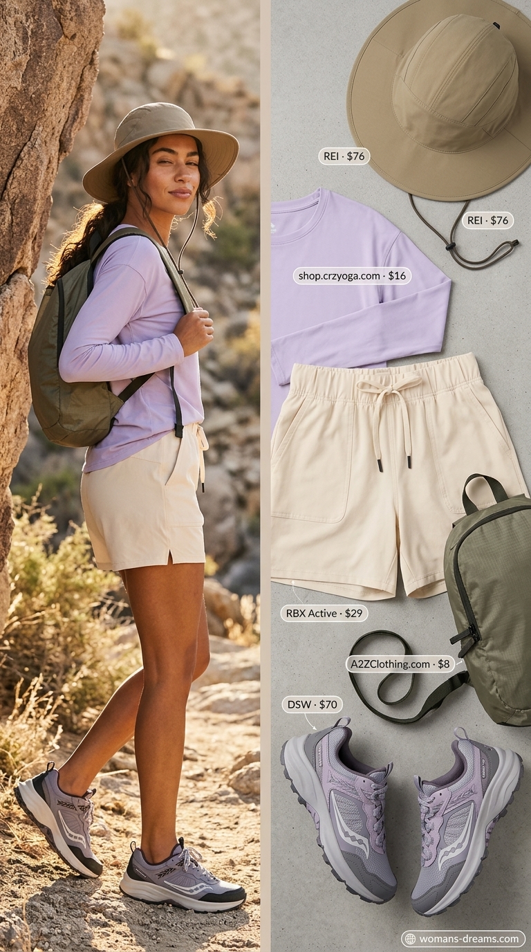 A cool sporty hiking outfit for women summer 2026, featuring lavender lightweight shorts, a cream UPF long-sleeve top, khaki ventilated trail shoes, and a wide-brimmed hat, ideal for canyon exploration.