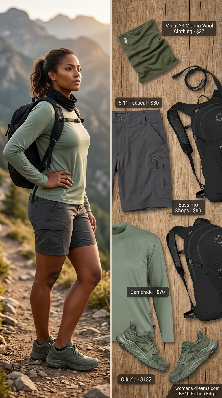 A sporty hiking outfit for women summer 2026, featuring sage green ripstop shorts, a dark gray insect-repellent long-sleeve shirt, black waterproof hiking shoes, and a charcoal daypack for a jungle trek.