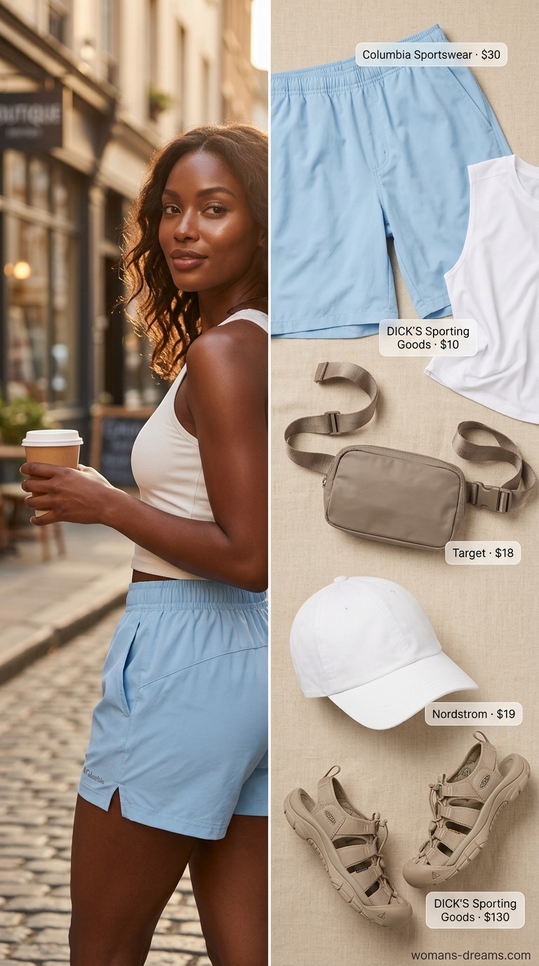 A refreshing sporty hiking outfit for women summer 2026 for coastal treks, featuring sky blue lightweight shorts, a white sleeveless tank, taupe hiking sandals, a white baseball cap, and a navy belt bag.