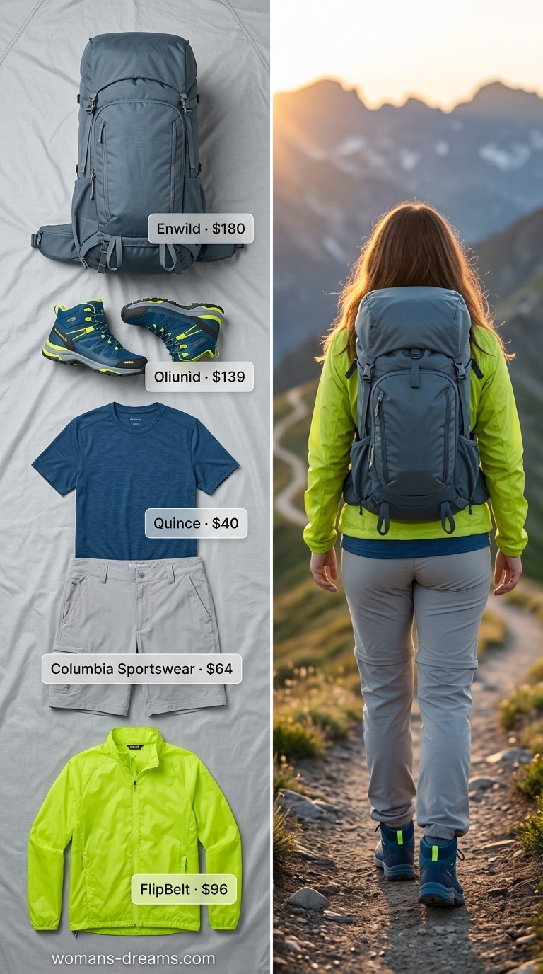 An adaptable sporty hiking outfit for women summer 2026, featuring a neon yellow-green windbreaker, deep blue convertible hiking shorts, a slate gray merino base layer, and black and gray GORE-TEX hiking boots for alpine ascents.