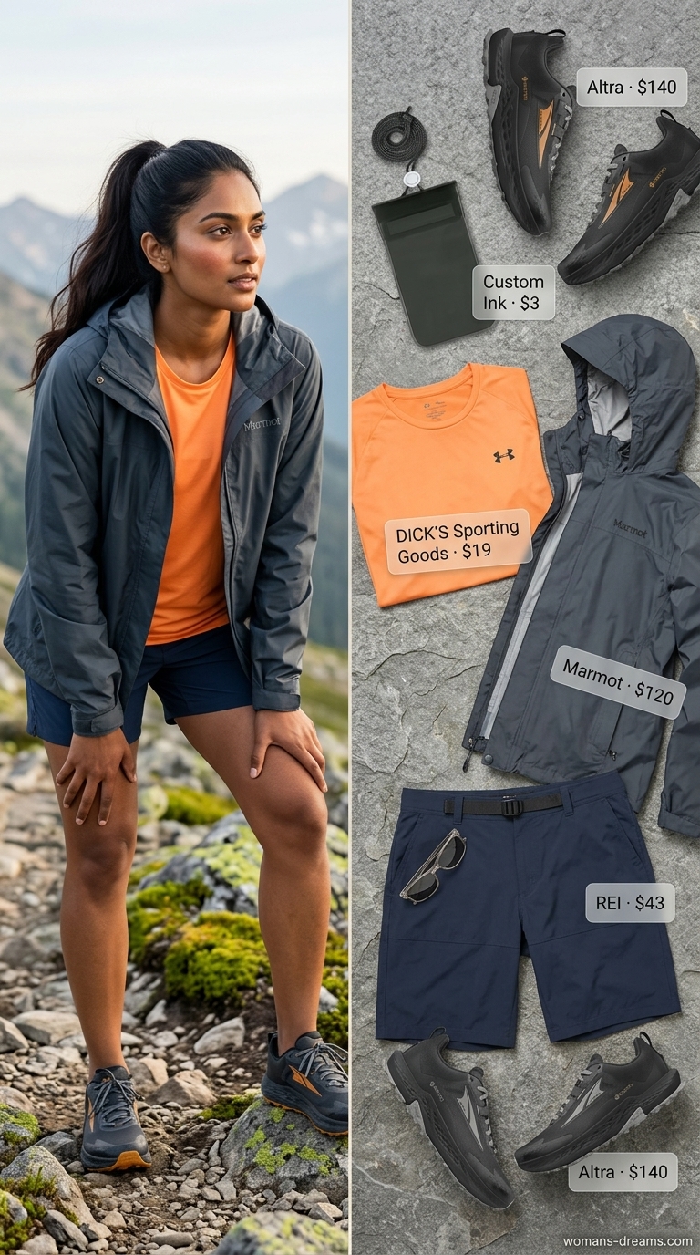 A resilient sporty hiking outfit for women summer 2026, showcasing a bright orange performance t-shirt, navy quick-dry shorts, a charcoal gray waterproof rain jacket, and black waterproof trail running shoes for rainy ridges.
