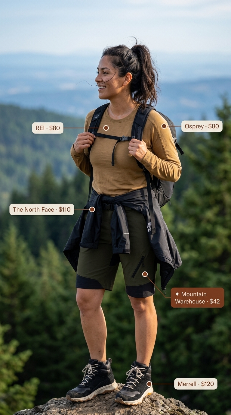 A resilient sporty hiking outfit for women summer 2026, featuring forest green ripstop shorts, a black Gore-Tex jacket, tan merino base layer, and black waterproof hiking boots, perfect for forest treks.