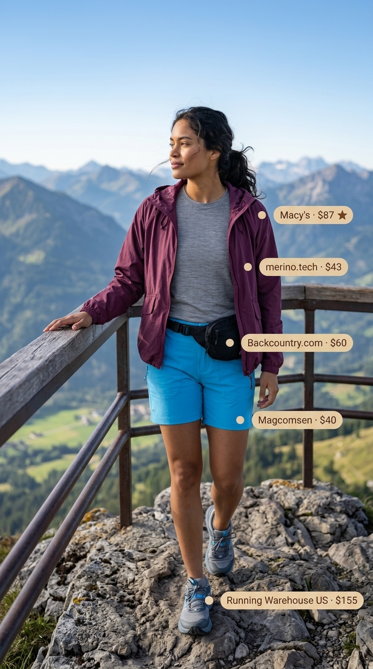 A serene sporty hiking outfit for women summer 2026, featuring sky blue lightweight shorts, a heather gray merino t-shirt, plum packable windbreaker, gray/blue trail running shoes, and a black waist pack for alpine meadows.