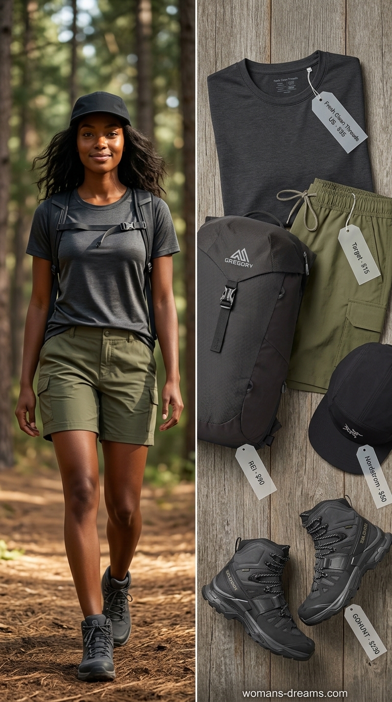 An adventurous sporty hiking outfit for women summer 2026, with olive green cargo shorts, a charcoal gray t-shirt, black waterproof hiking boots, a small hydration pack, and a black UV protection cap for mountain trails.