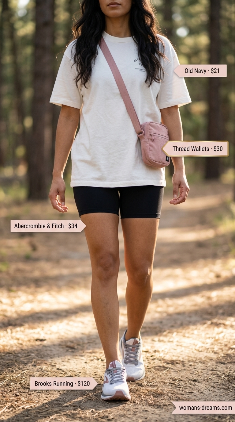 A modern sporty hiking outfit for women summer 2026, featuring black biker shorts, a white oversized graphic t-shirt, stylish black/white sneakers, and a dusty rose mini crossbody bag for urban nature walks.