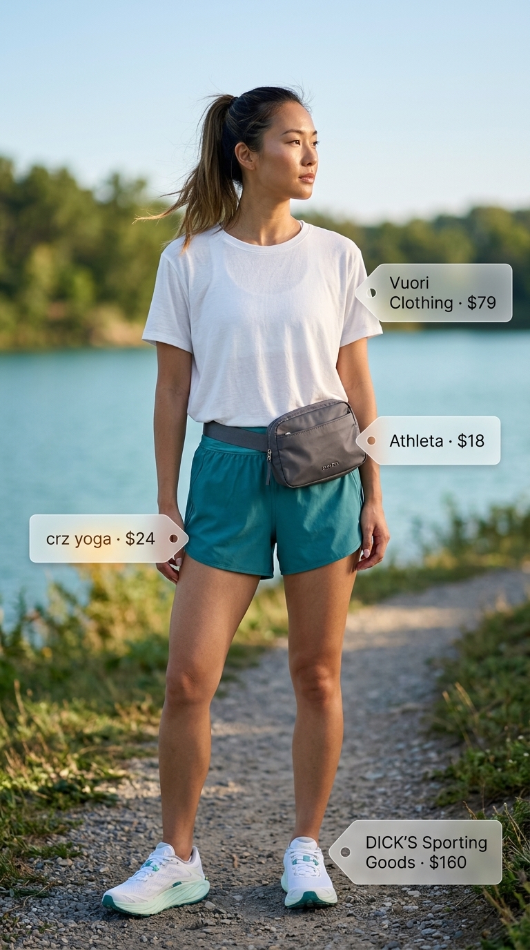 A comfortable sporty hiking outfit for women summer 2026, featuring teal lightweight shorts, a light gray t-shirt, white/teal trail running shoes, and a white belt bag, perfect for a lakeside walk.