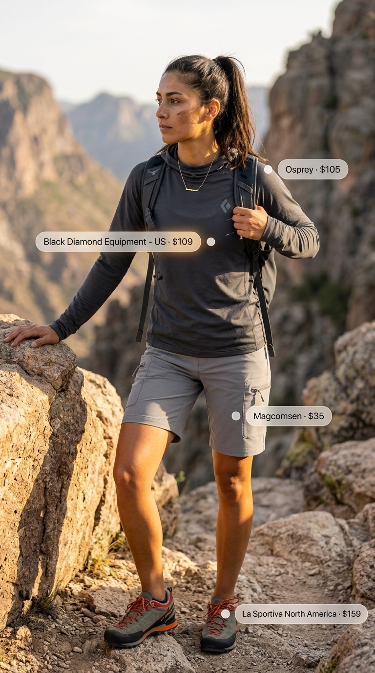 A rugged sporty hiking outfit for women summer 2026, comprising a burnt orange UPF long-sleeve sun hoodie, stone grey abrasion-resistant shorts, black and beige approach shoes, and a black technical daypack for canyon exploration.
