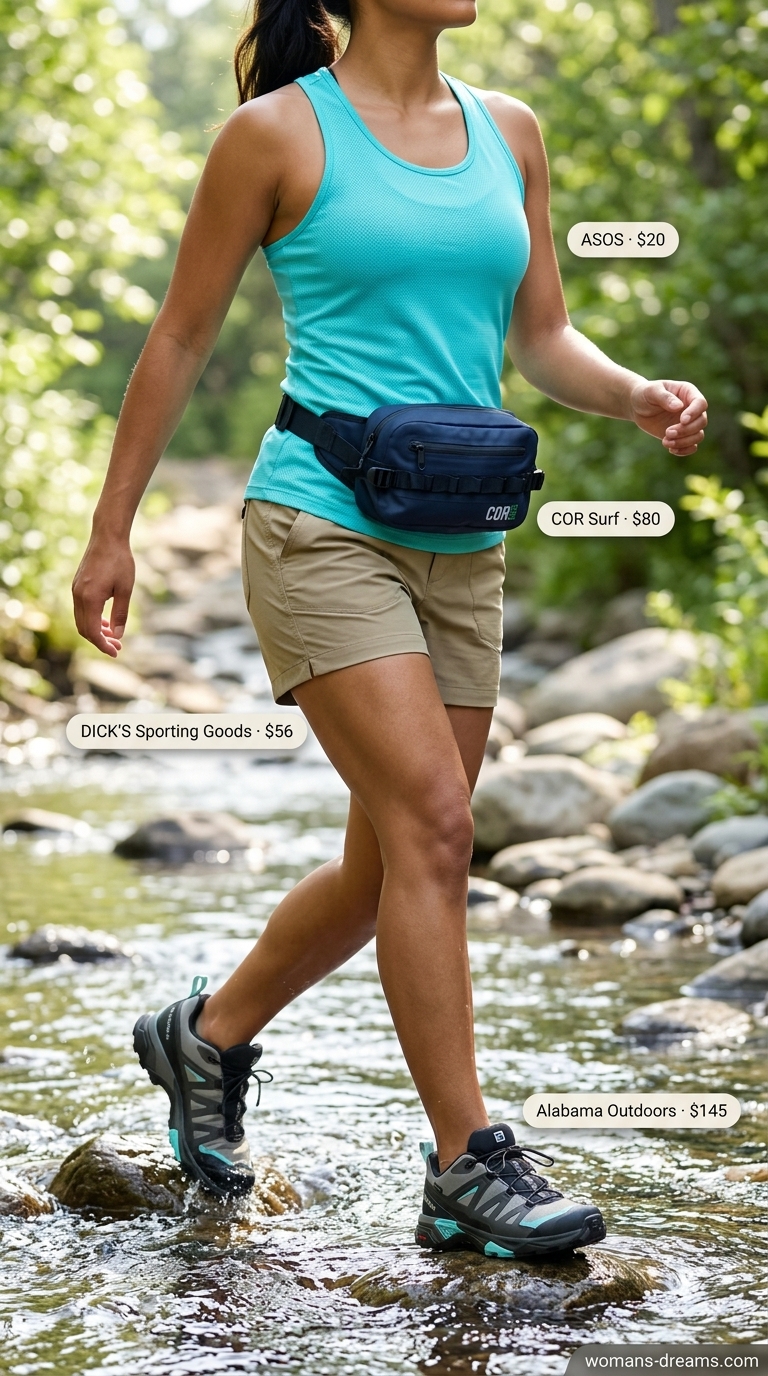A dynamic sporty hiking outfit for women summer 2026 with navy amphibian shorts, an aqua sleeveless tank, khaki water-friendly hiking shoes, and a black waterproof hip pack, ideal for river trails.