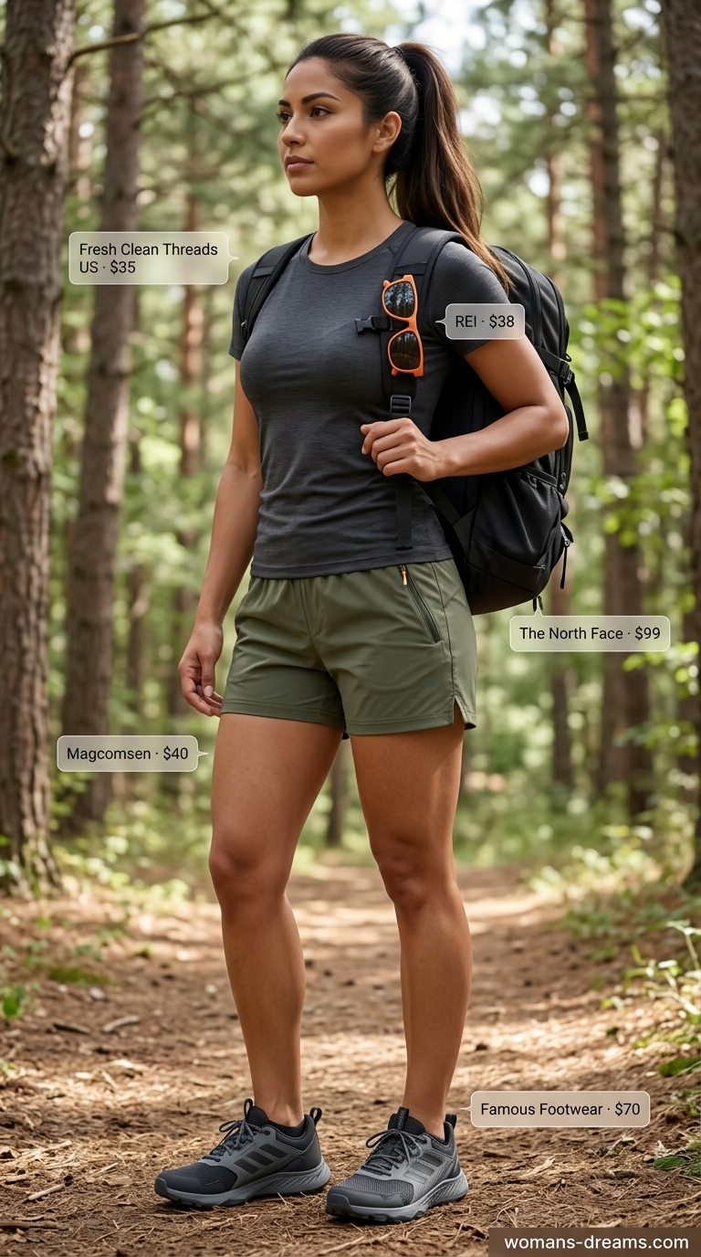 An adventurous sporty hiking outfit for women summer 2026, showcasing olive green quick-dry shorts, a charcoal tee, black polarized sunglasses, black trail running shoes, and a forest green daypack, ideal for trail running.