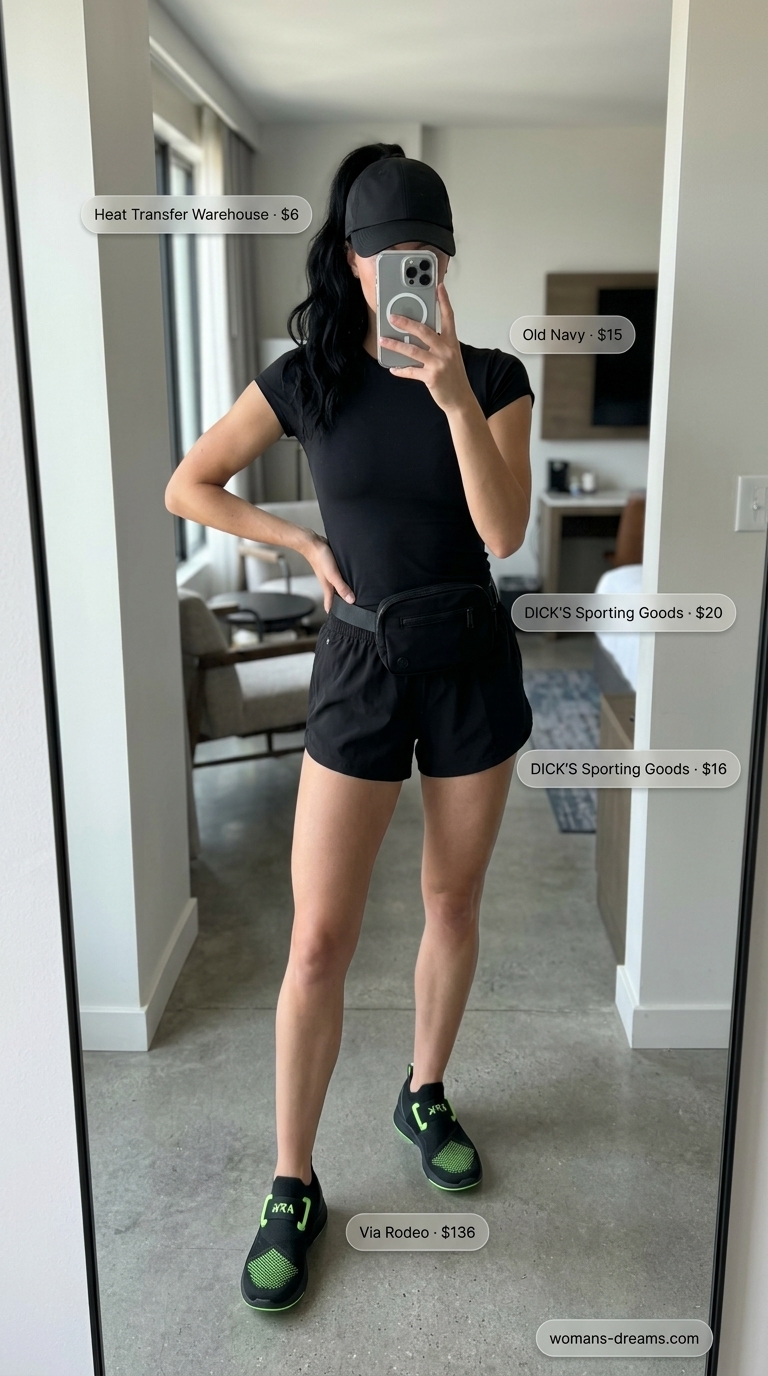 A modern sporty hiking outfit for women summer 2026, featuring black high-waisted athletic shorts, a white fitted technical top, neon green and black hiking sneakers, a neon green baseball cap, and a black belt bag, perfect for urban nature walks.