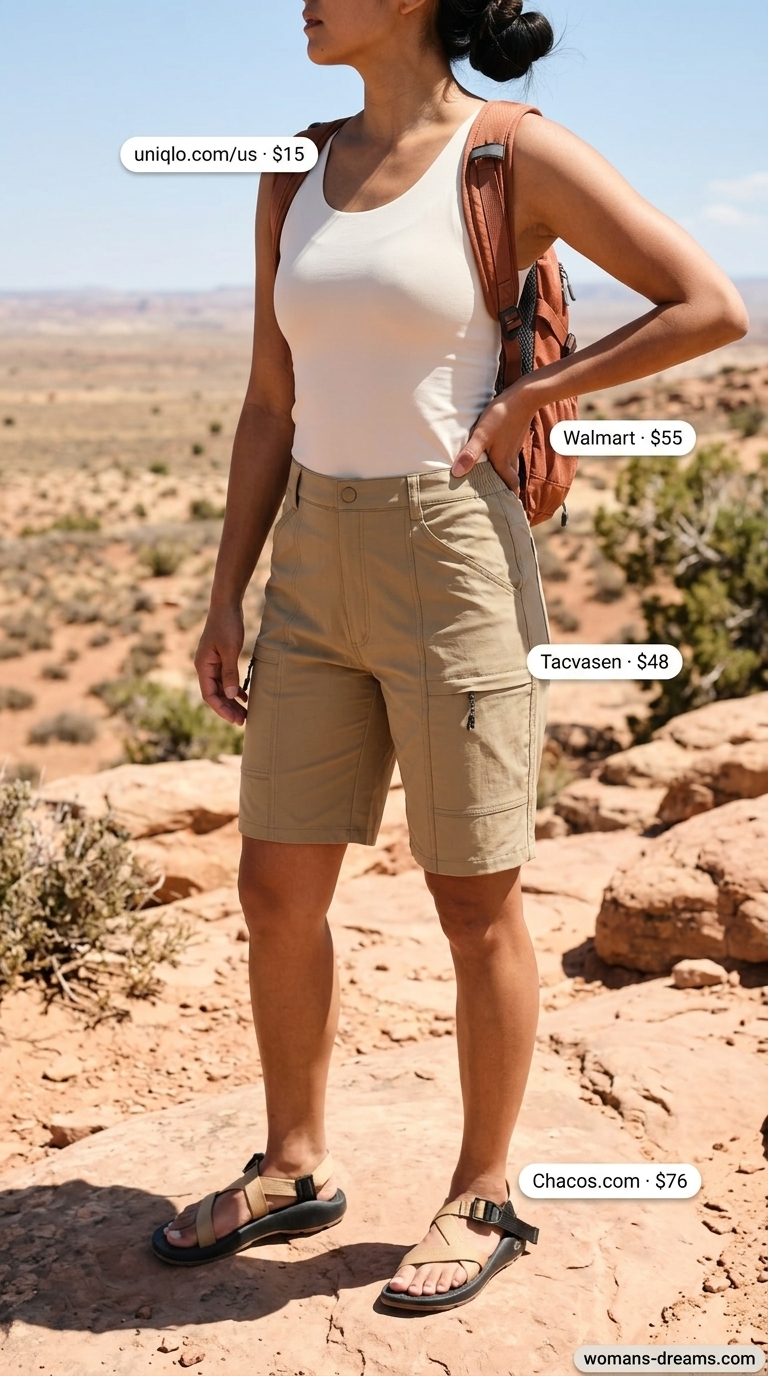 A cool and functional sporty hiking outfit for women summer 2026, with khaki cargo shorts, a sand beige cooling tank top, a light beige wide-brimmed sun hat, terracotta hiking sandals, and a burnt orange hydration pack, ideal for desert trails.