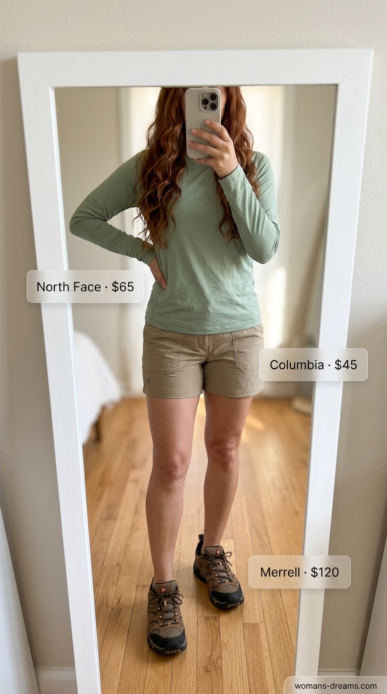 A natural and protected sporty hiking outfit for women summer 2026, offering an earthy brown ripstop shorts, a sage green long-sleeve insect-repellent top, dark brown waterproof hiking shoes, a khaki wide-brimmed hat with bug net, and a beige crossbody bag, for buggy forest trails.