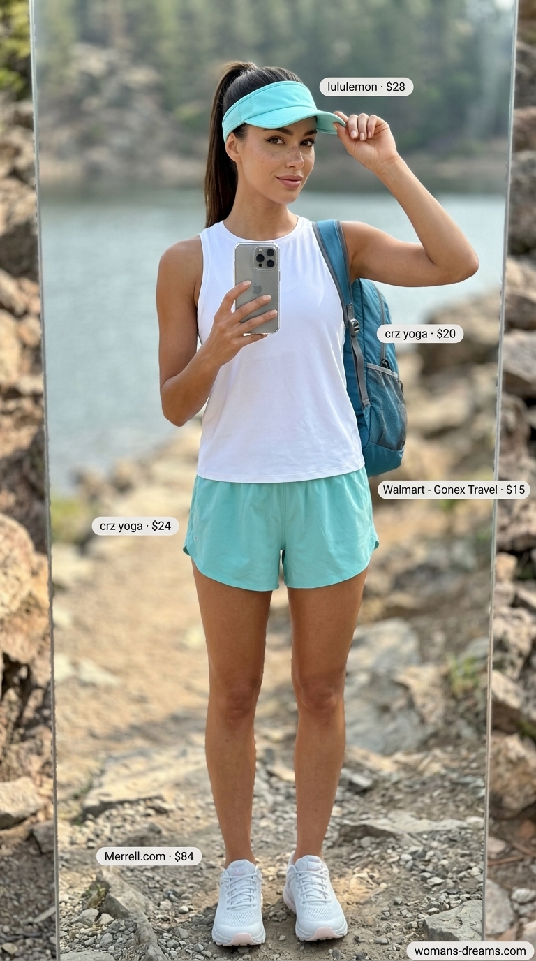 A refreshing sporty hiking outfit for women summer 2026, featuring aqua blue quick-dry shorts, a white tank top, a sun visor, light grey trail shoes, and a navy backpack, perfect for lakeside trails.