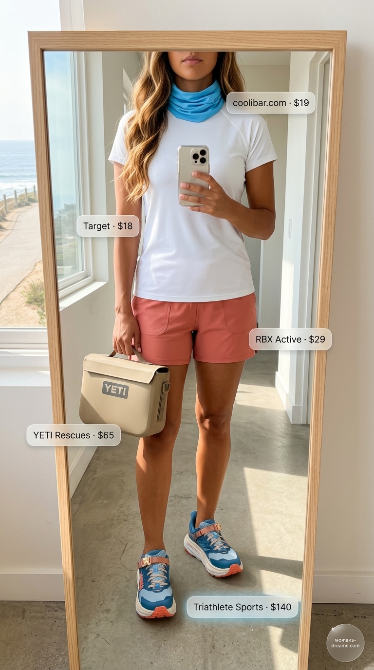 A serene sporty hiking outfit for women summer 2026, showcasing coral hybrid water shoes, sky blue relaxed-fit shorts, and a white UPF rash guard, perfect for coastal hikes.
