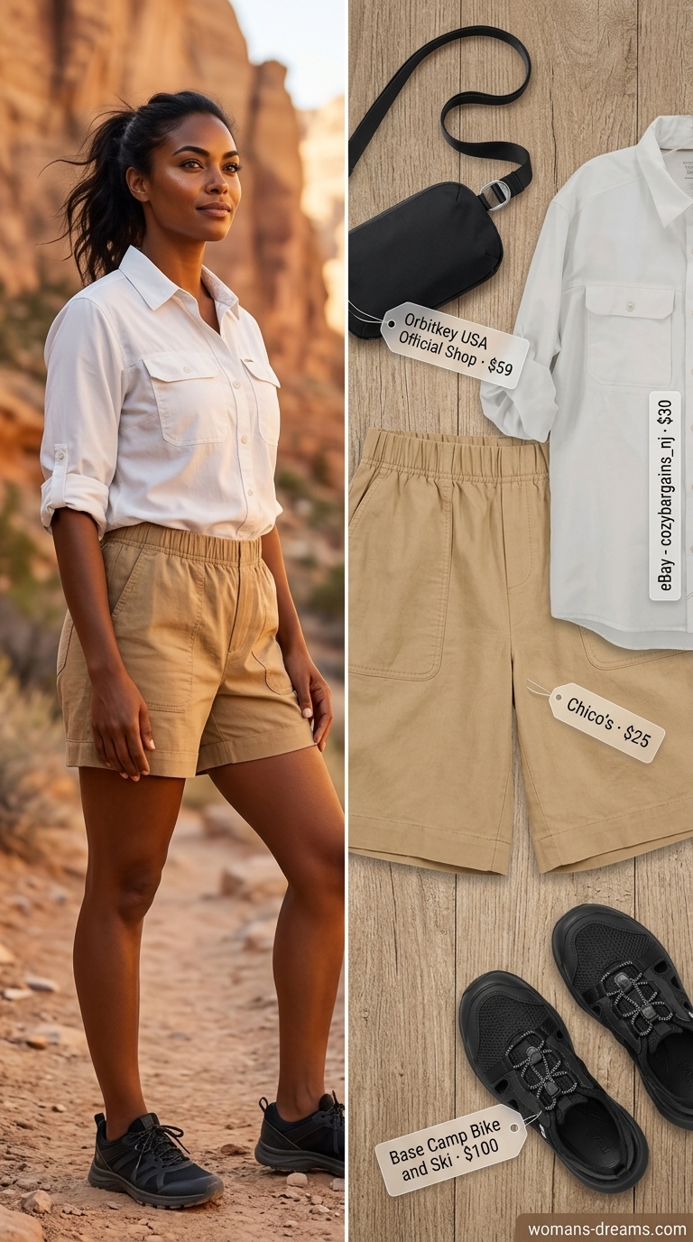 An exploratory sporty hiking outfit for women summer 2026, featuring khaki linen-blend utility shorts, a white UPF long-sleeve shirt, terracotta crossbody bag, and dark sand water shoes for desert exploration.